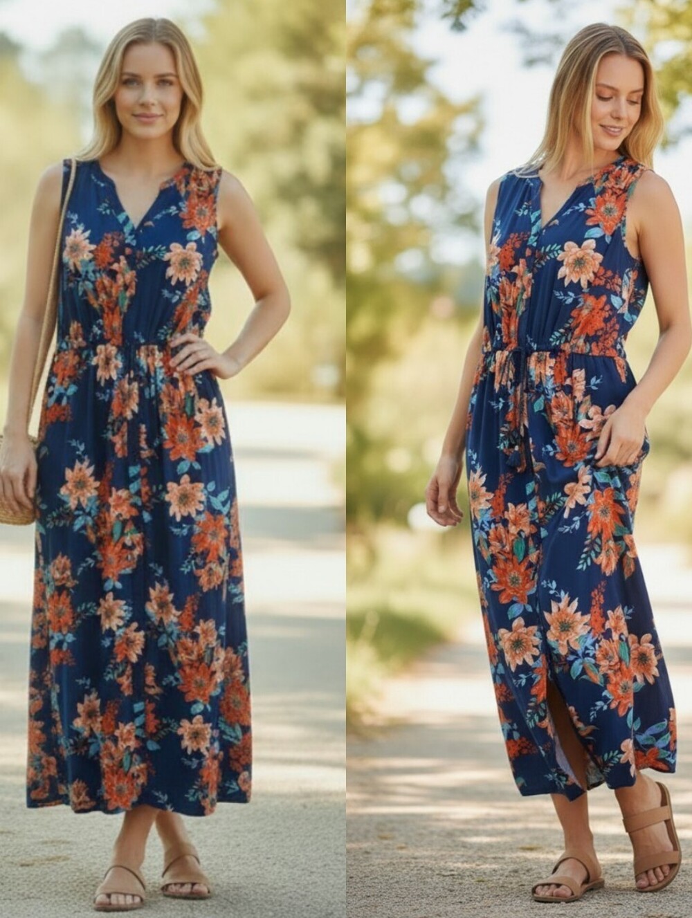 Talbots 16 W button front maxi dress floral blue multi pockets sleeveless boho